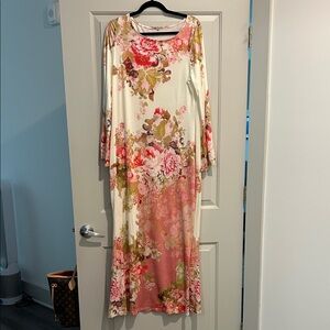 Long-Sleeve Pink and Cream Floral Maxi Dress